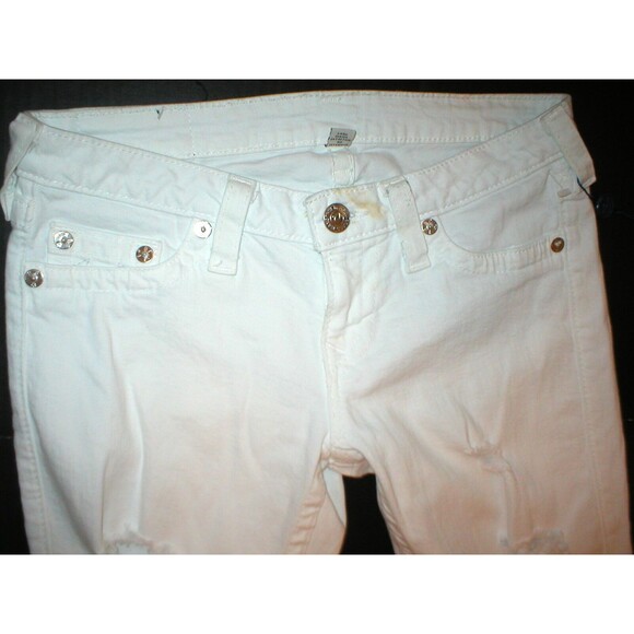 NWT New Womens True Religion Destroyed Jeans Skinny White Mid Designer Patch 28 - Picture 4 of 9